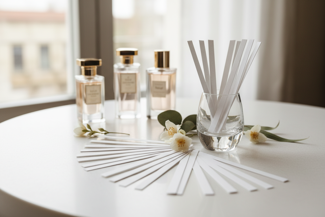 fragrance blotters and perfume bottles on a table