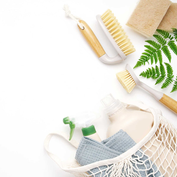 Cleaning tools including brushes, sponges, and a scrubber on a white background with green leaves.