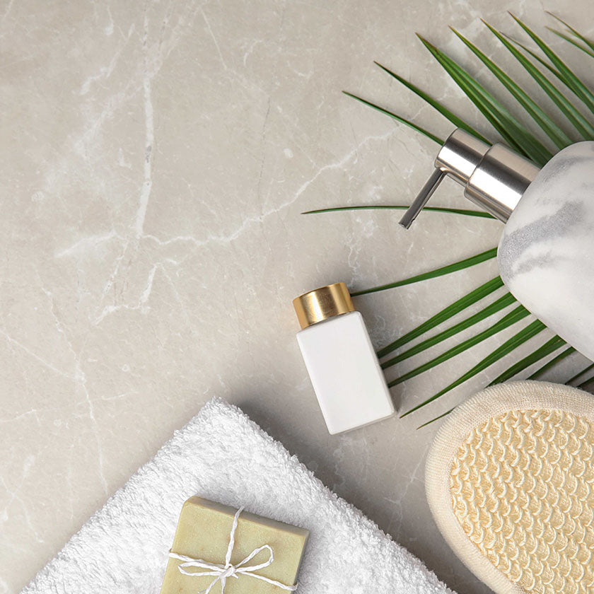 personal care products on a marble surface