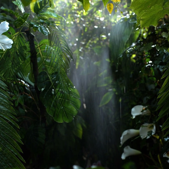 Dense tropical foliage with various green plants