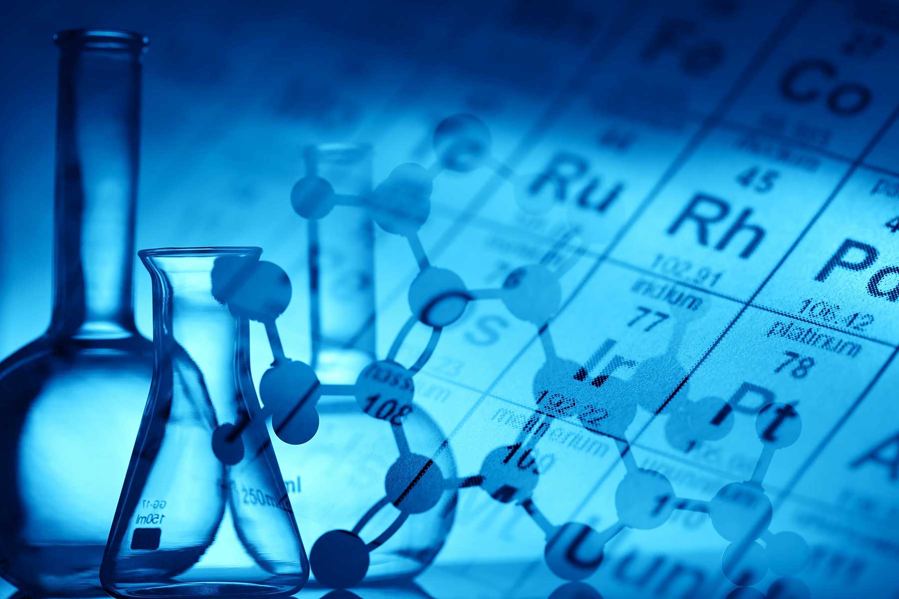 blue Biological and science background with beakers and periodic table