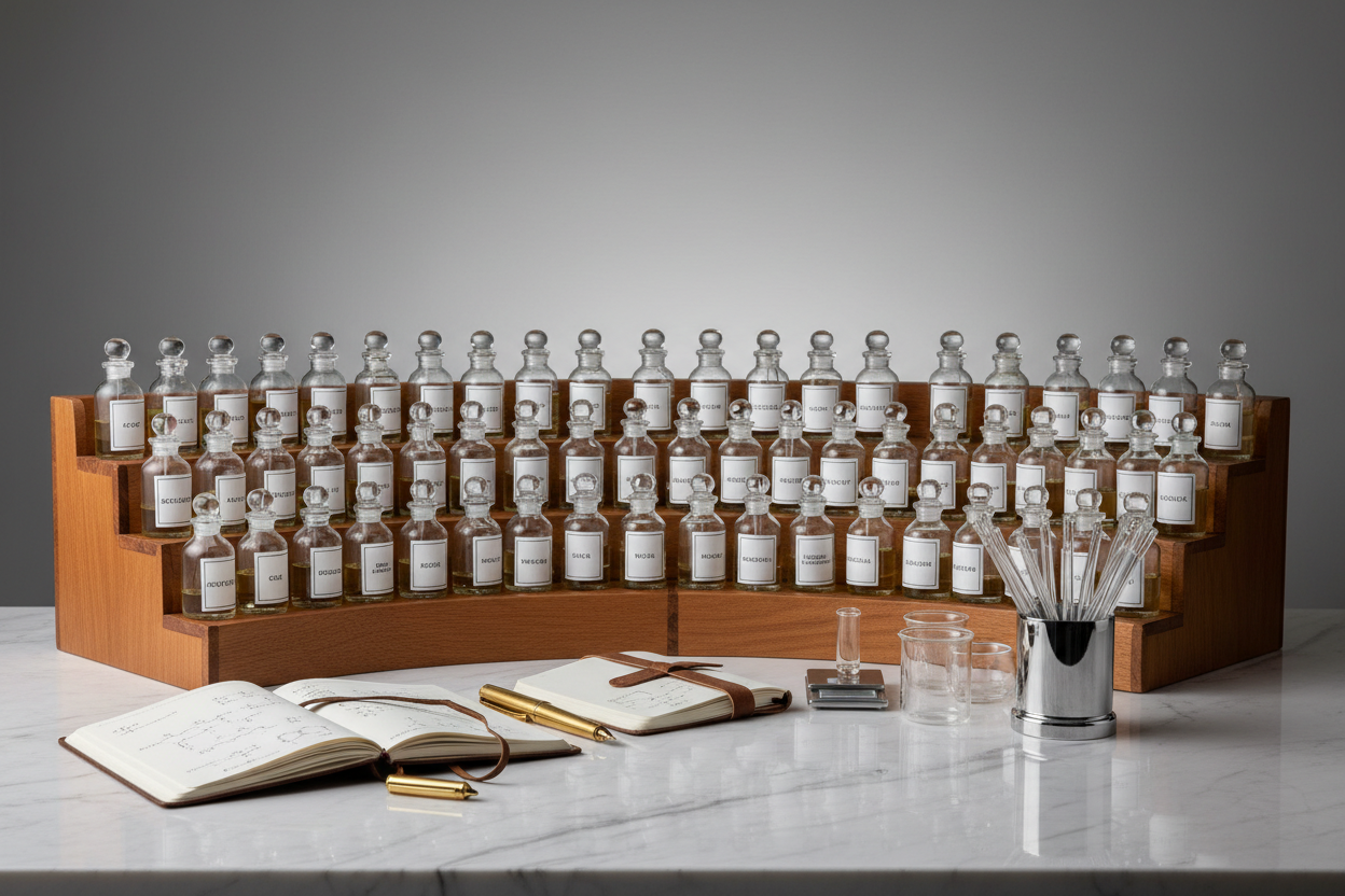 Professional perfumer’s organ with raw materials used to create fragrance oils