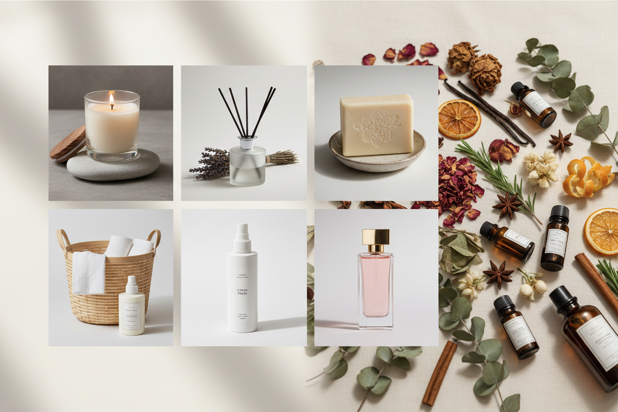 Different product types showing how fragrance oils perform differently in candles, soaps, diffusers, perfumes, and laundry