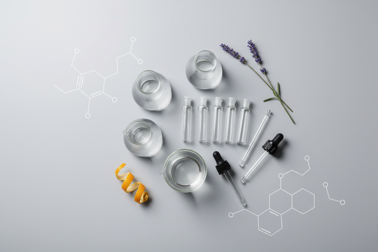 minimalist overhead shot of clear glass aroma labware, droppers and botanical elements