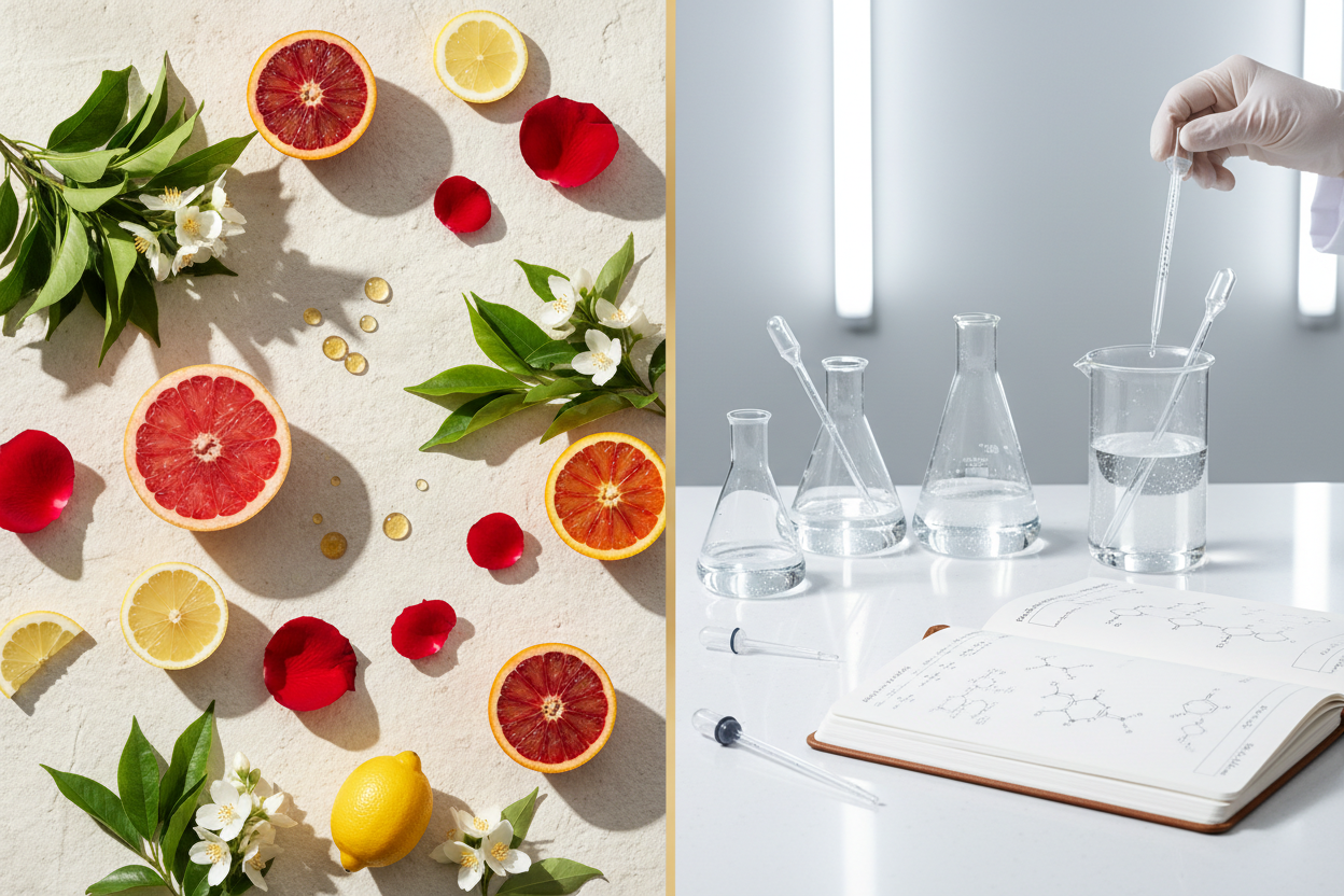Visual comparison of natural ingredients and laboratory glassware representing the science behind clean fragrance.